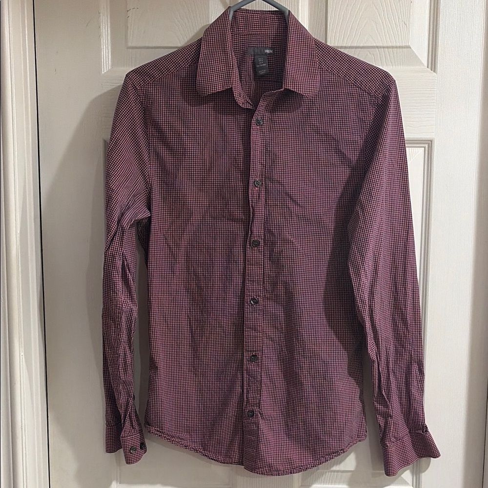 H&M Men's Pink and Black Checkered Button-Down Shirt Small